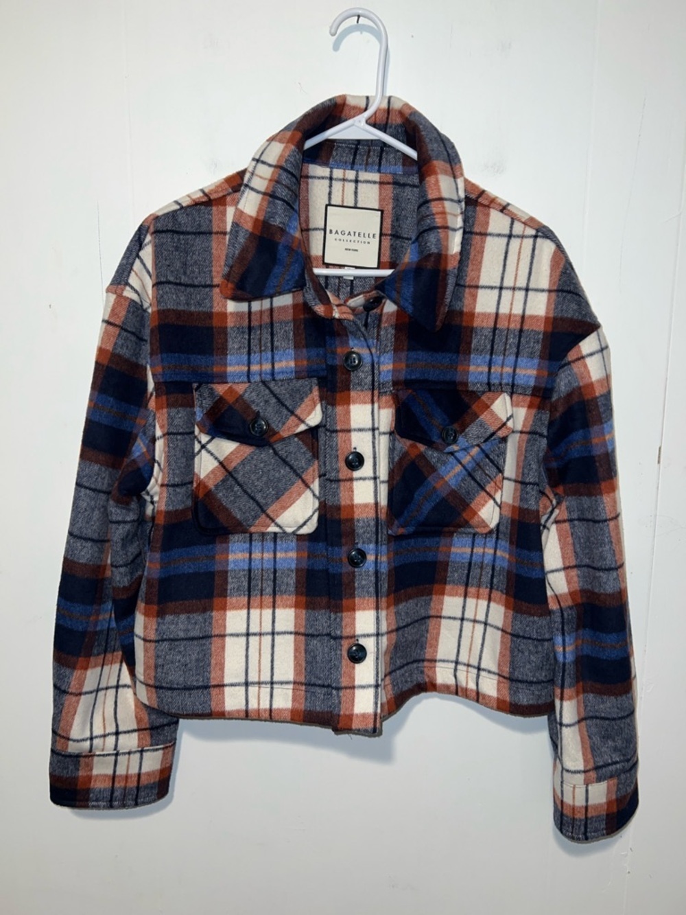 Bagatelle Plaid Button-Front Shacket - Cream, Rust, Navy, Gray Size XL HU